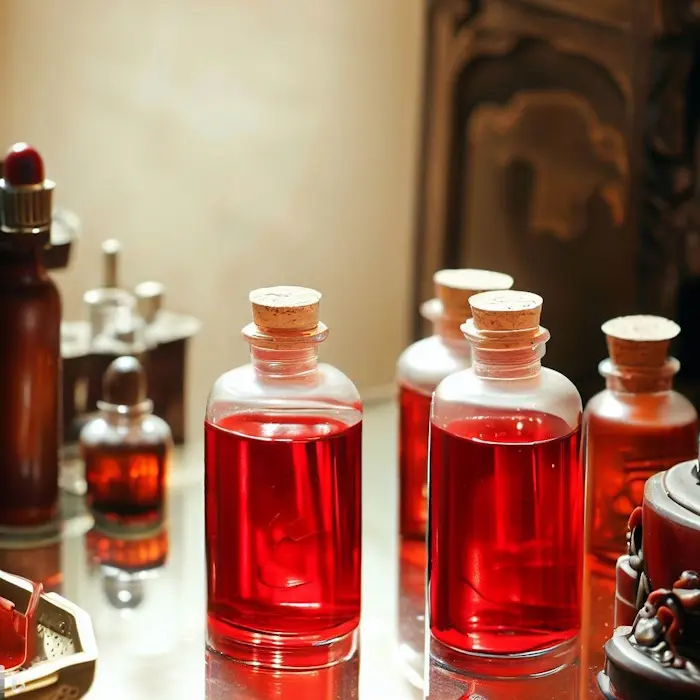 skincare glass bottle with ginseng-red serum on a vanity table with a korean dragon painting in times of the joseon dynasty