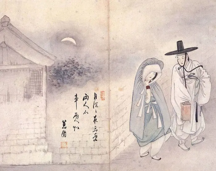 The lovers under the moon by Shin Yun Bok - Joseon Dinasty - Hanbang beauty