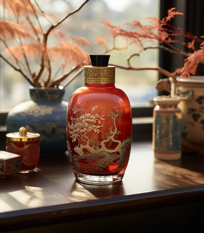 Skincare glass bottle with ginseng serum on a vanity table from the joseon dynasty