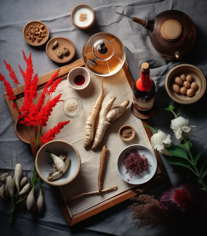 Table with ginseng roots for skin's benefits